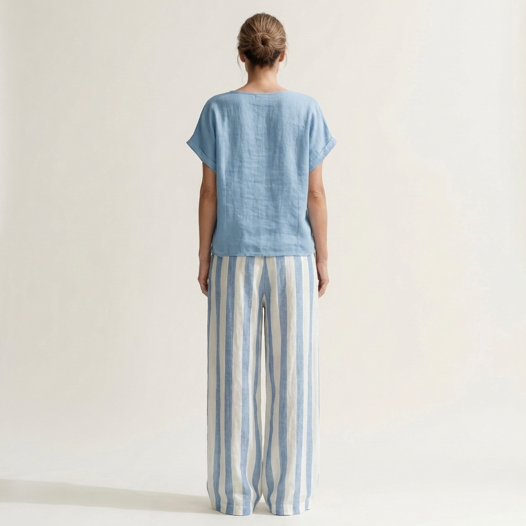 Heather | Solid Linen Top & Bold Stripe Wide-Leg Set