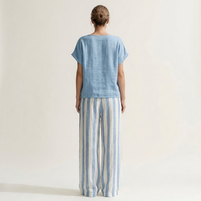 Heather | Solid Linen Top & Bold Stripe Wide-Leg Set