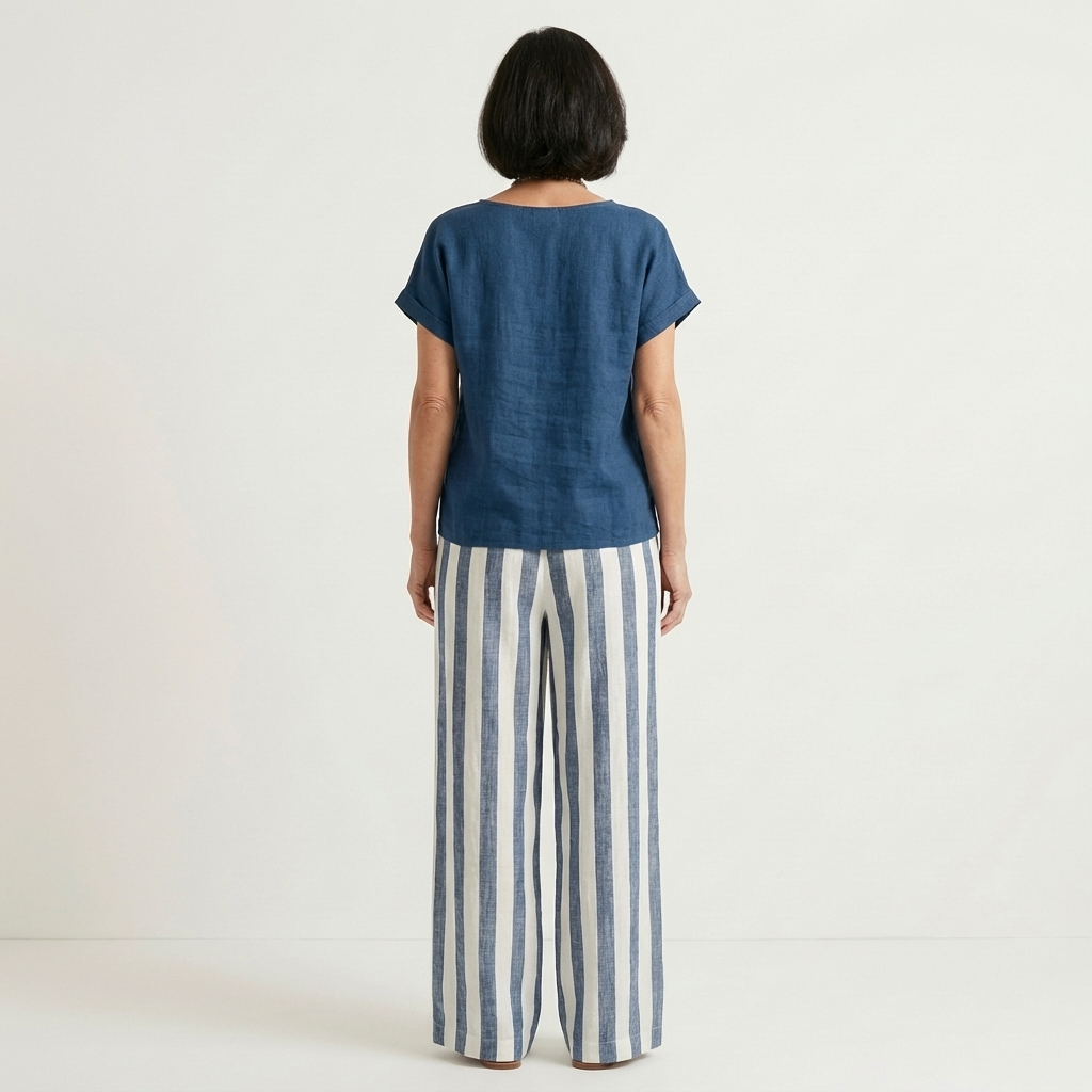 Heather | Solid Linen Top & Bold Stripe Wide-Leg Set