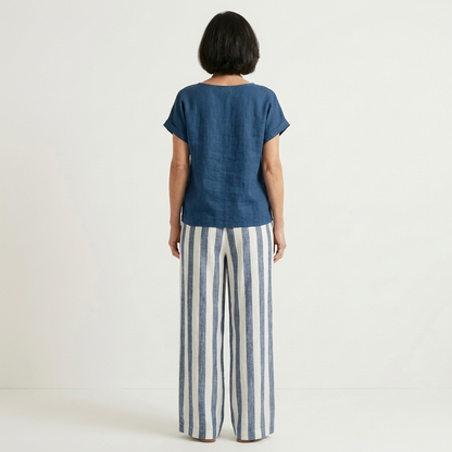Heather | Solid Linen Top & Bold Stripe Wide-Leg Set