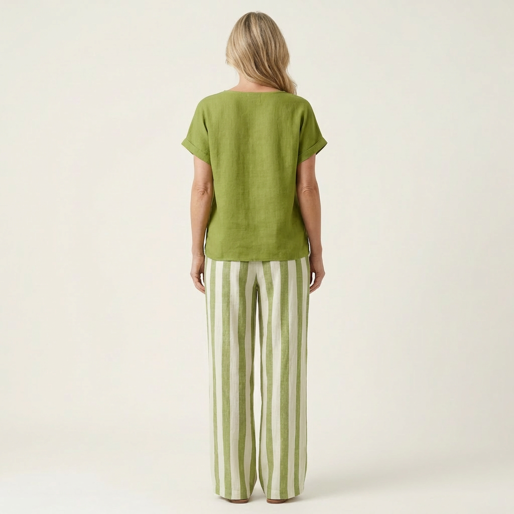 Heather | Solid Linen Top & Bold Stripe Wide-Leg Set