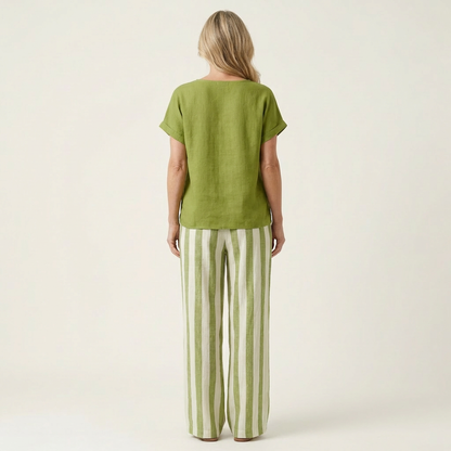 Heather | Solid Linen Top & Bold Stripe Wide-Leg Set