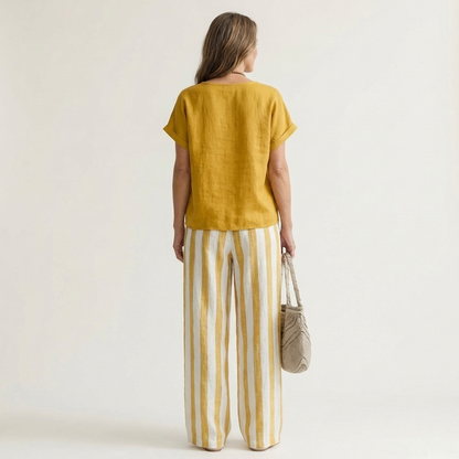 Heather | Solid Linen Top & Bold Stripe Wide-Leg Set