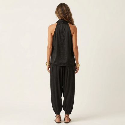Cariana | Cowl-Neck Halter Top & Draped Wide-Leg Pants Set