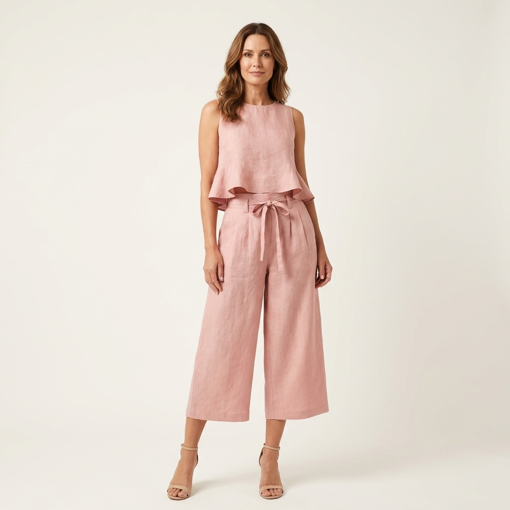 Romy | Ruffled Linen-Look Top & Wide-Leg Cropped Pants Set