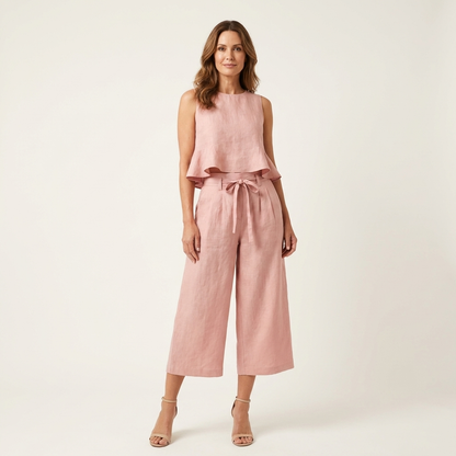 Romy | Ruffled Linen-Look Top & Wide-Leg Cropped Pants Set