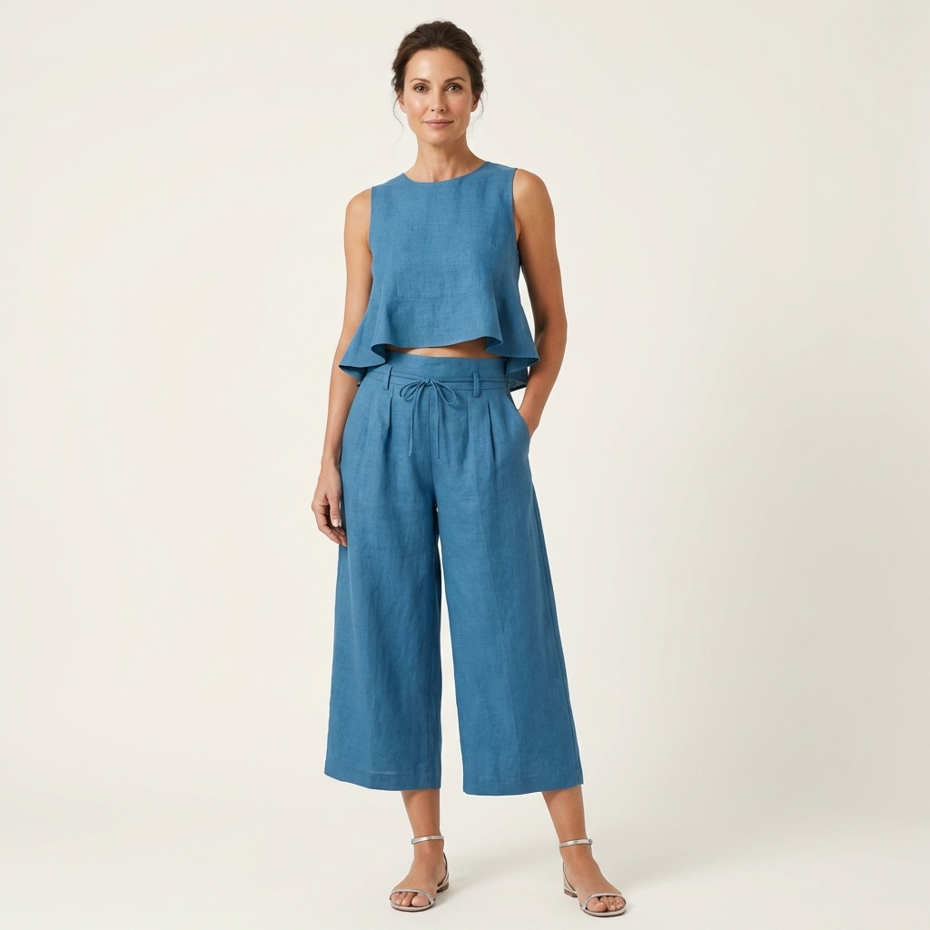 Romy | Ruffled Linen-Look Top & Wide-Leg Cropped Pants Set