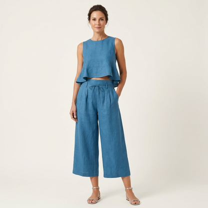 Romy | Ruffled Linen-Look Top & Wide-Leg Cropped Pants Set