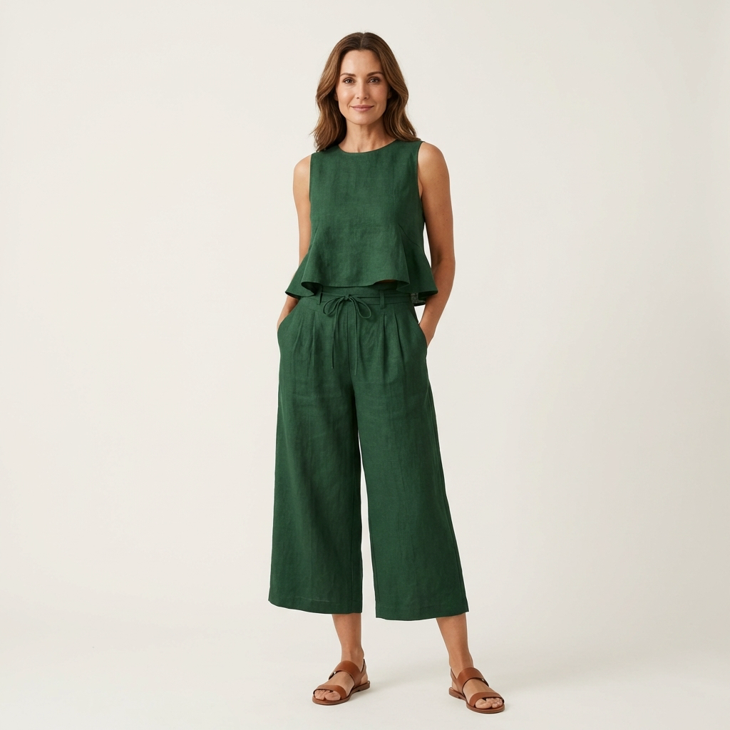 Romy | Ruffled Linen-Look Top & Wide-Leg Cropped Pants Set