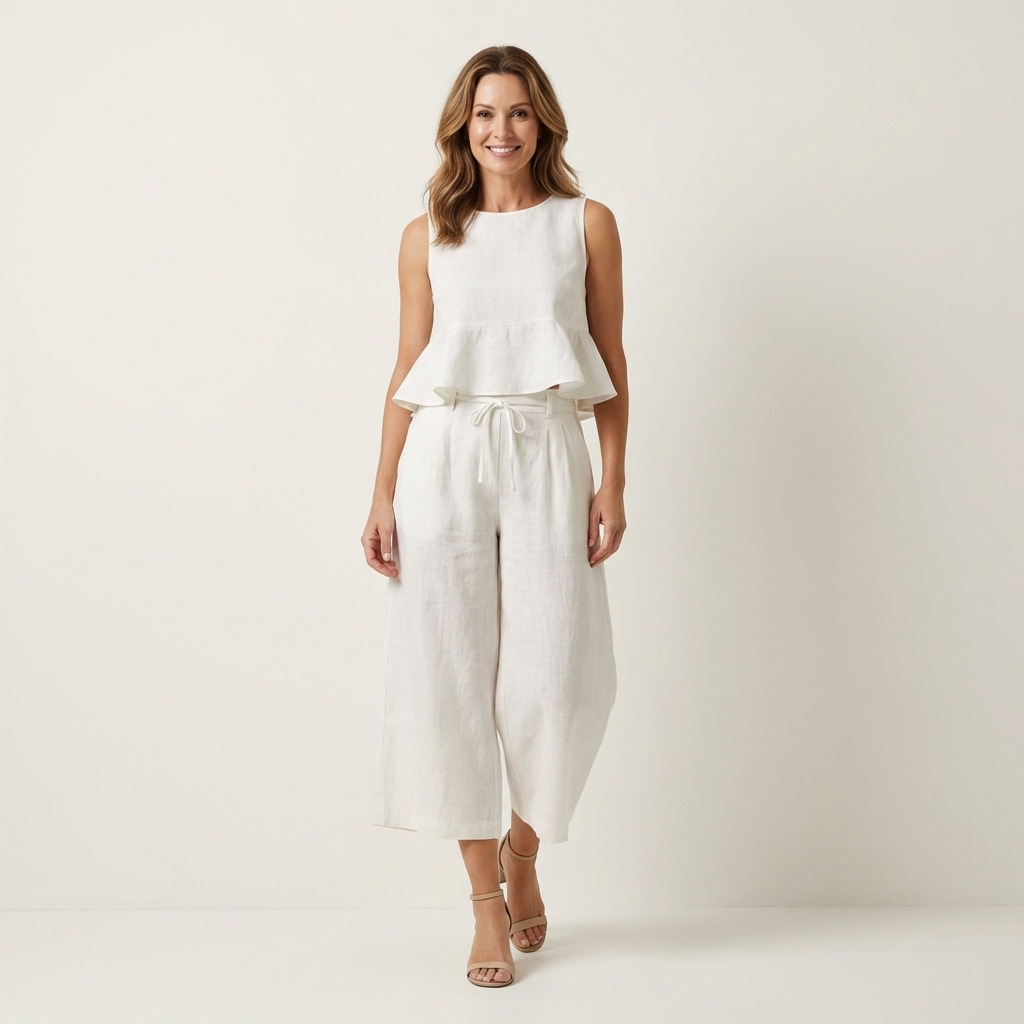 Romy | Ruffled Linen-Look Top & Wide-Leg Cropped Pants Set