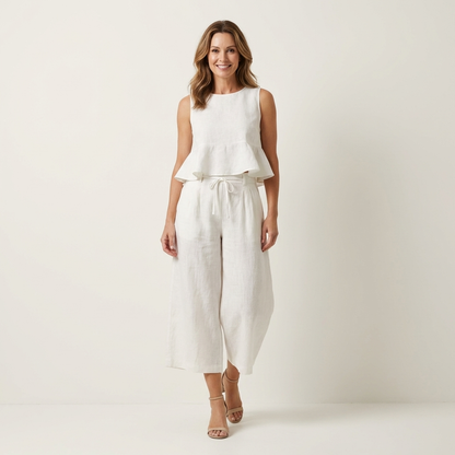 Romy | Ruffled Linen-Look Top & Wide-Leg Cropped Pants Set