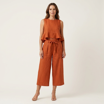 Romy | Ruffled Linen-Look Top & Wide-Leg Cropped Pants Set