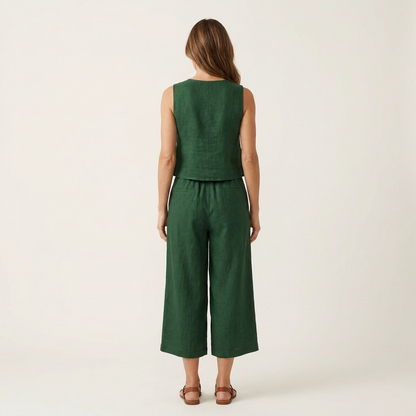 Romy | Ruffled Linen-Look Top & Wide-Leg Cropped Pants Set
