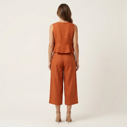 Romy | Ruffled Linen-Look Top & Wide-Leg Cropped Pants Set