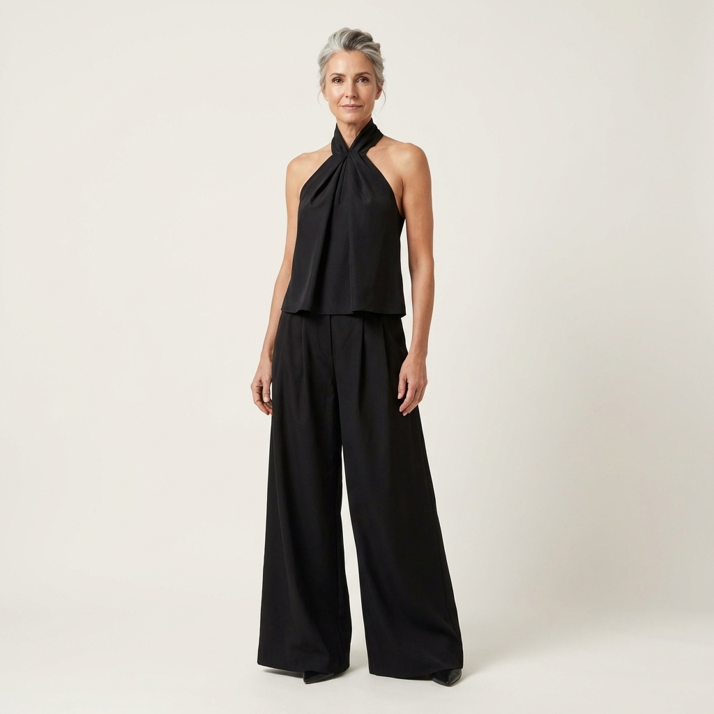 Catiana | Twisted Halter Top & Full-Length Wide-Leg Pants Set