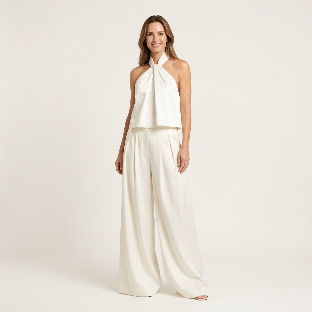 Catiana | Twisted Halter Top & Full-Length Wide-Leg Pants Set