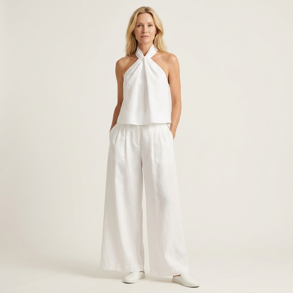 Catiana | Twisted Halter Top & Full-Length Wide-Leg Pants Set