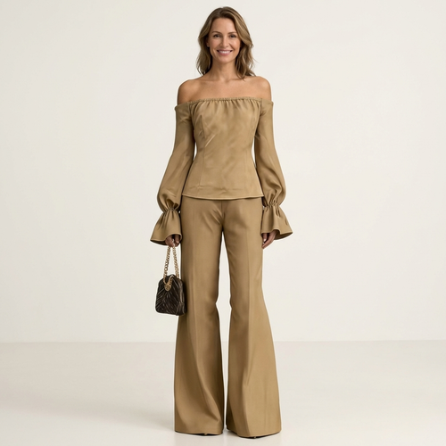 Toriana | Off-Shoulder Top with Bell Sleeves & Flared Pants Set