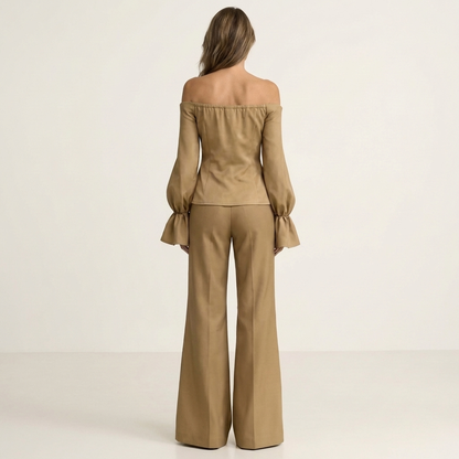 Toriana | Off-Shoulder Top with Bell Sleeves & Flared Pants Set