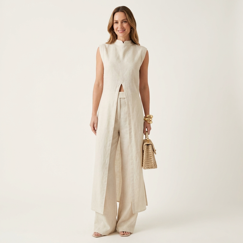 Belliana | Split-Front Longline Top & Wide-Leg Pants Set