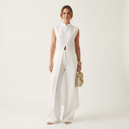 Belliana | Split-Front Longline Top & Wide-Leg Pants Set