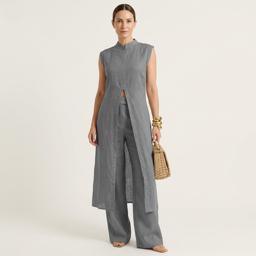 Belliana | Split-Front Longline Top & Wide-Leg Pants Set