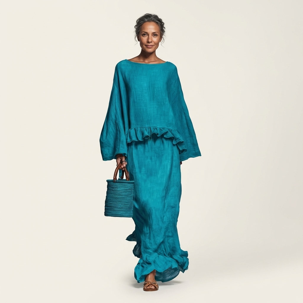 Trina | Ruffle-Hem Oversized Top & Floor-Length Maxi Skirt Set