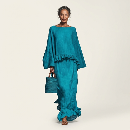 Trina | Ruffle-Hem Oversized Top & Floor-Length Maxi Skirt Set
