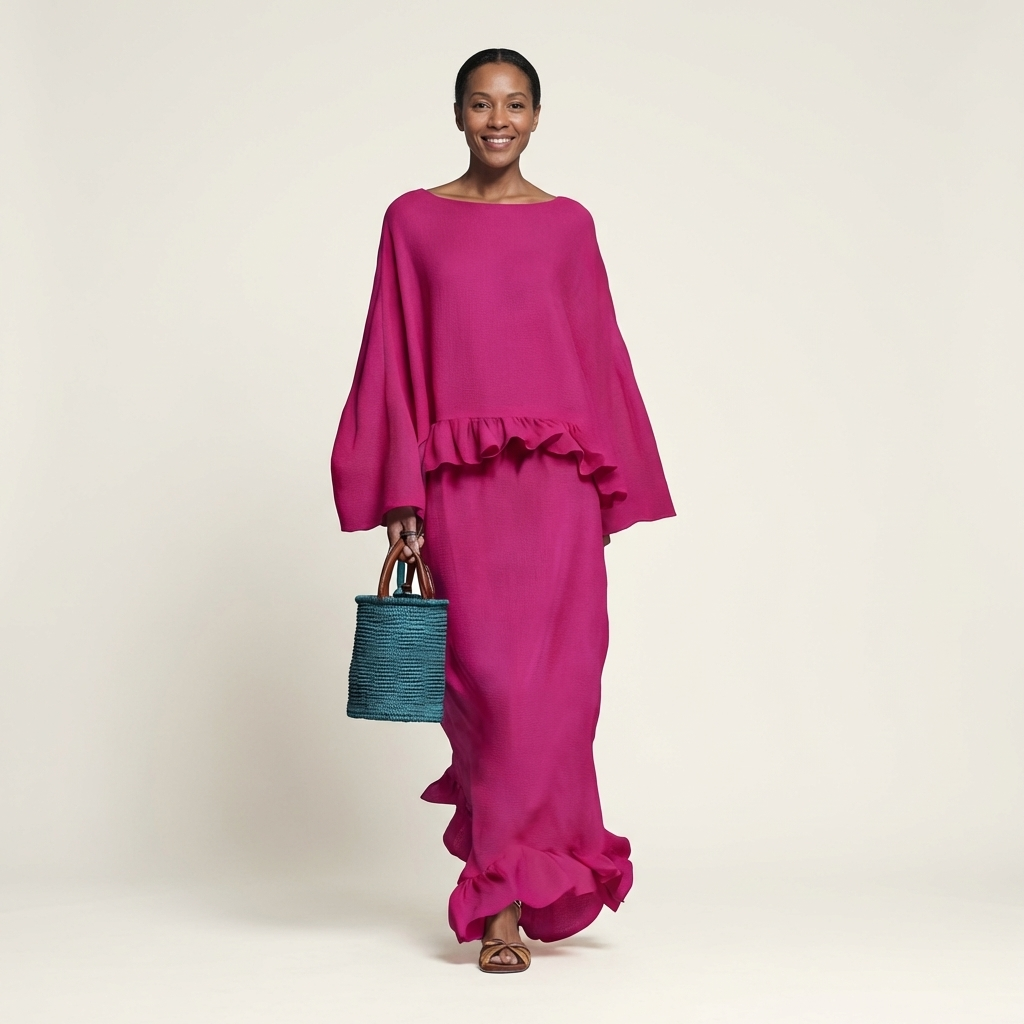 Trina | Ruffle-Hem Oversized Top & Floor-Length Maxi Skirt Set