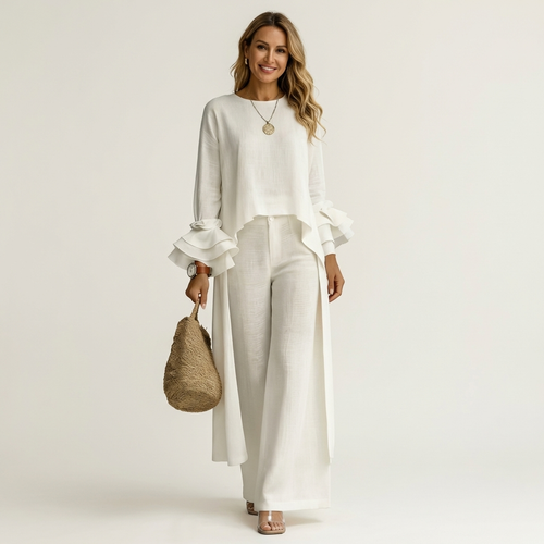 Omerra | Ruffle Cuff Long-Sleeve Top & Wide-Leg Pants Set