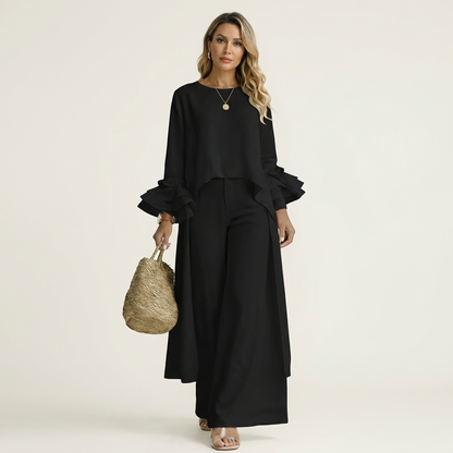 Omerra | Ruffle Cuff Long-Sleeve Top & Wide-Leg Pants Set