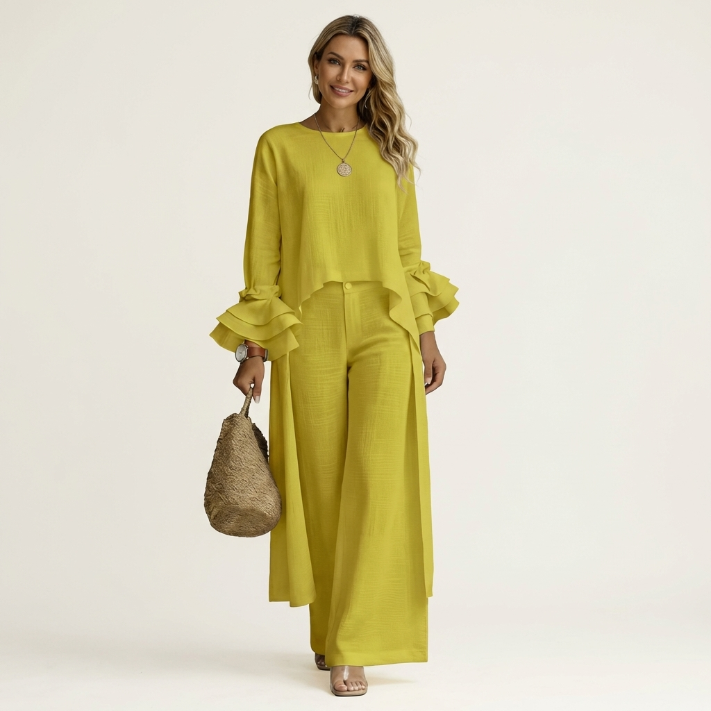 Omerra | Ruffle Cuff Long-Sleeve Top & Wide-Leg Pants Set
