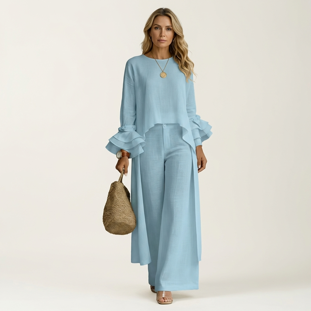 Omerra | Ruffle Cuff Long-Sleeve Top & Wide-Leg Pants Set