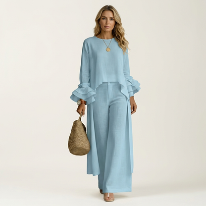 Omerra | Ruffle Cuff Long-Sleeve Top & Wide-Leg Pants Set