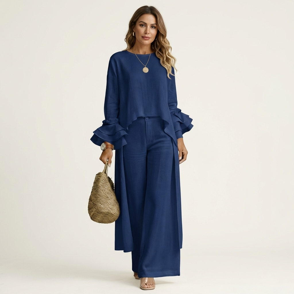 Omerra | Ruffle Cuff Long-Sleeve Top & Wide-Leg Pants Set