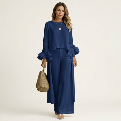 Omerra | Ruffle Cuff Long-Sleeve Top & Wide-Leg Pants Set