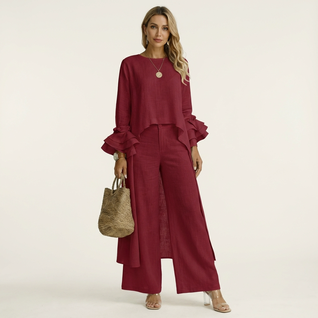 Omerra | Ruffle Cuff Long-Sleeve Top & Wide-Leg Pants Set