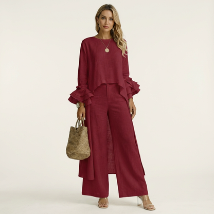 Omerra | Ruffle Cuff Long-Sleeve Top & Wide-Leg Pants Set