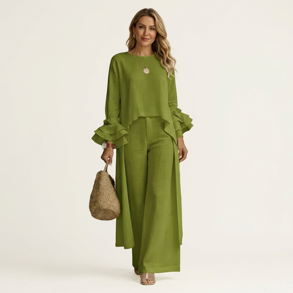 Omerra | Ruffle Cuff Long-Sleeve Top & Wide-Leg Pants Set