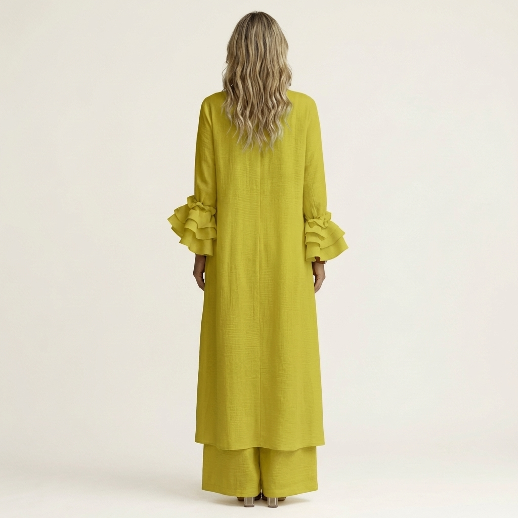 Omerra | Ruffle Cuff Long-Sleeve Top & Wide-Leg Pants Set