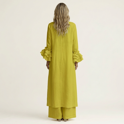 Omerra | Ruffle Cuff Long-Sleeve Top & Wide-Leg Pants Set