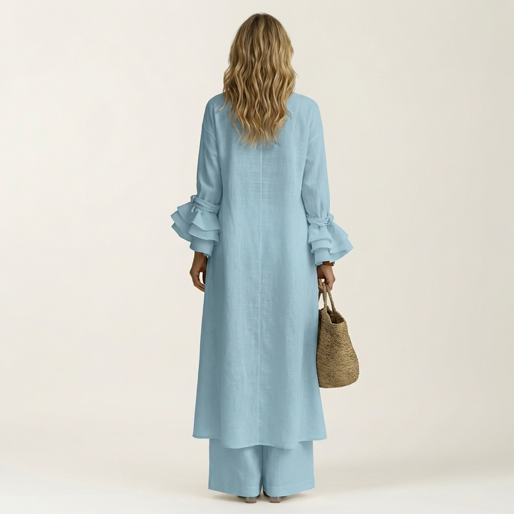 Omerra | Ruffle Cuff Long-Sleeve Top & Wide-Leg Pants Set