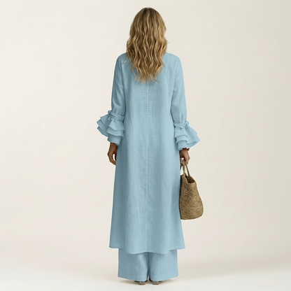 Omerra | Ruffle Cuff Long-Sleeve Top & Wide-Leg Pants Set