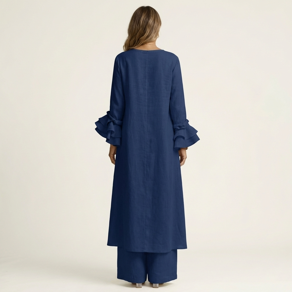 Omerra | Ruffle Cuff Long-Sleeve Top & Wide-Leg Pants Set