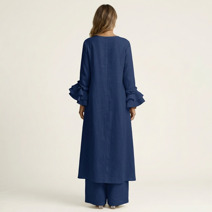Omerra | Ruffle Cuff Long-Sleeve Top & Wide-Leg Pants Set
