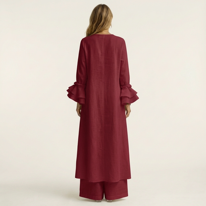 Omerra | Ruffle Cuff Long-Sleeve Top & Wide-Leg Pants Set