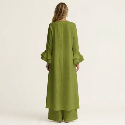 Omerra | Ruffle Cuff Long-Sleeve Top & Wide-Leg Pants Set