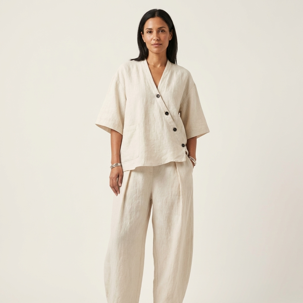 Ginalisa | Asymmetric Button V-Neck Top & Relaxed Wide-Leg Linen Set