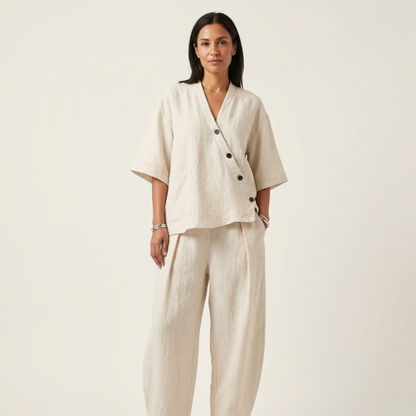 Ginalisa | Asymmetric Button V-Neck Top & Relaxed Wide-Leg Linen Set