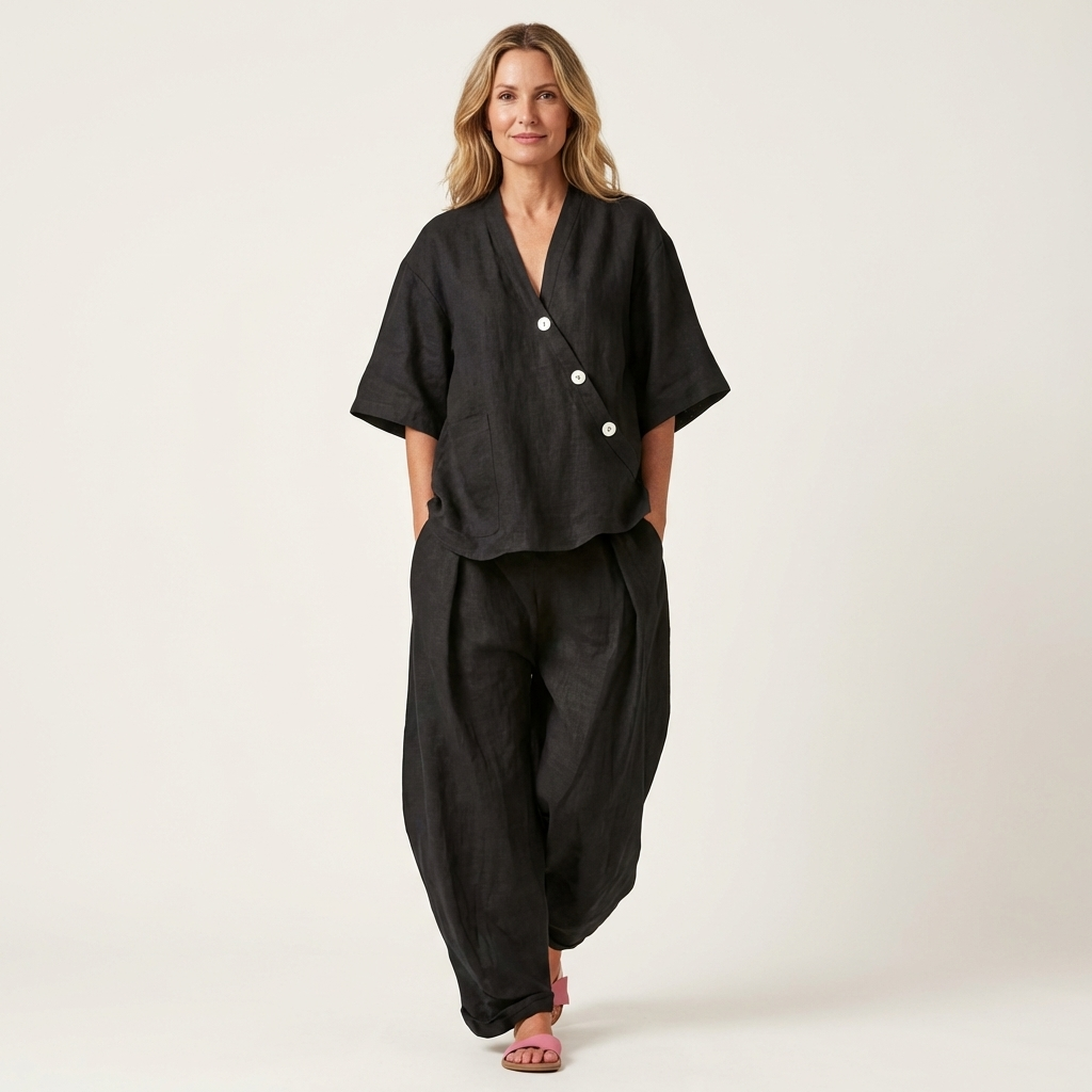 Ginalisa | Asymmetric Button V-Neck Top & Relaxed Wide-Leg Linen Set